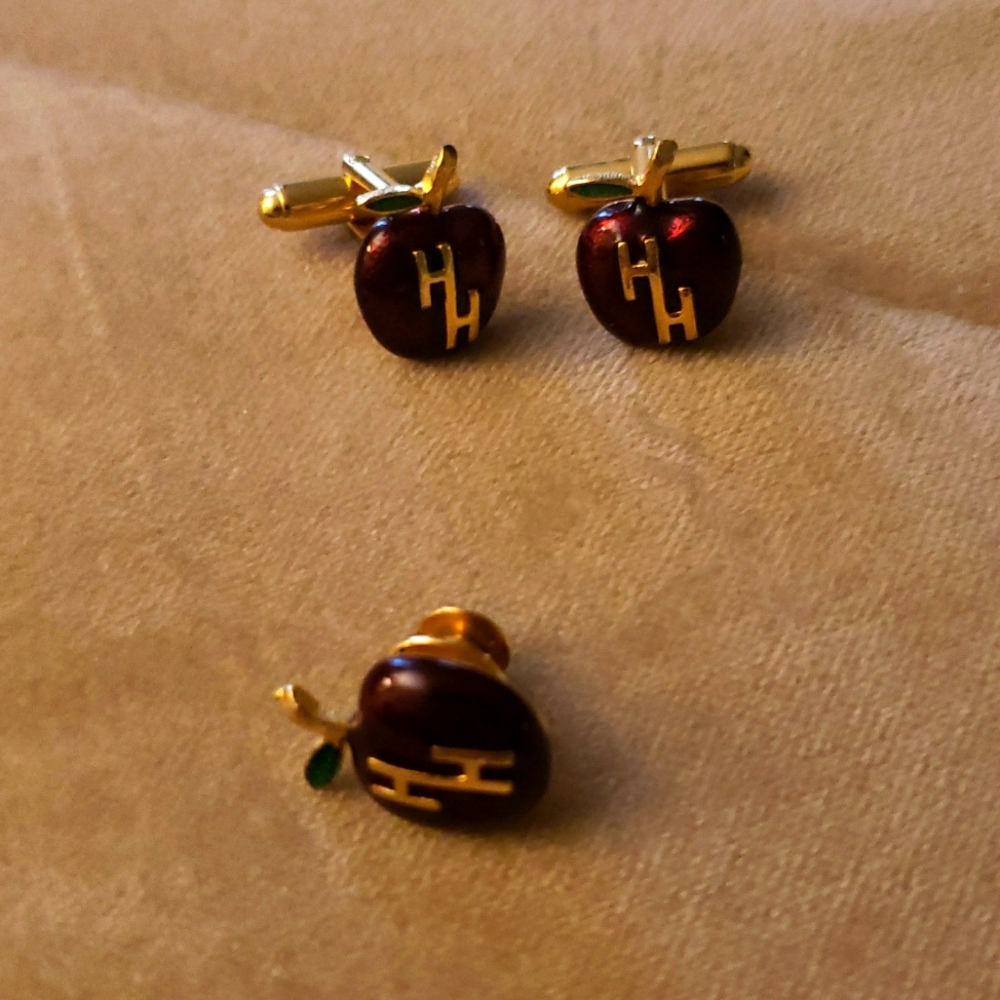 Gold and Red Apple Cufflinks & Pin Vintage 1991